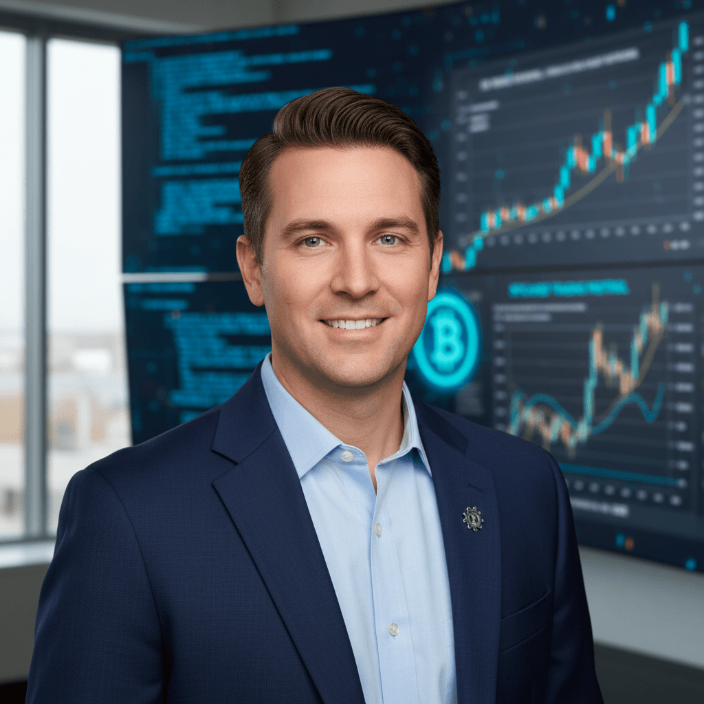 Smiling man in a blue blazer standing before digital financial charts and Bitcoin displays.