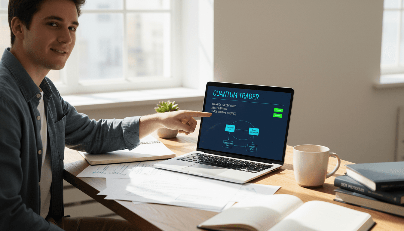 Student pointing to laptop screen showing trading bot configuration and test environment