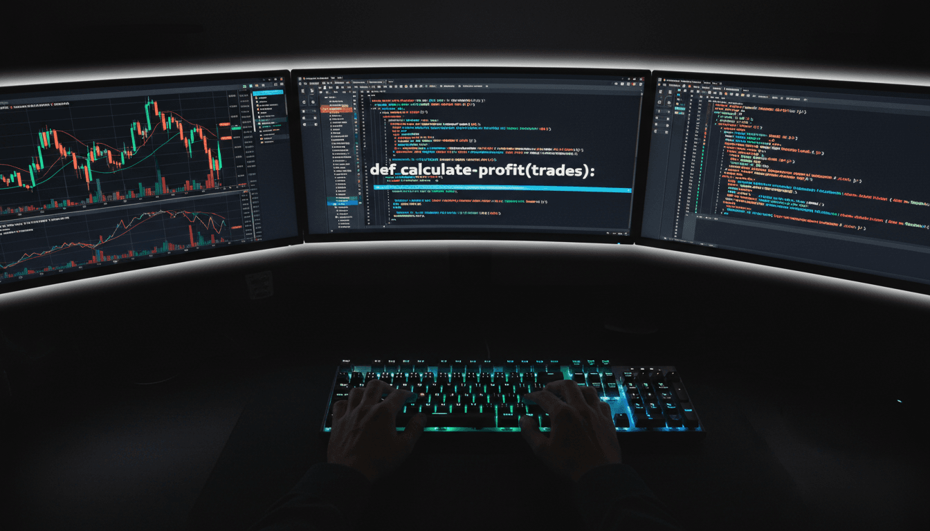 Developer's hands typing on keyboard with cryptocurrency trading charts on multiple monitors