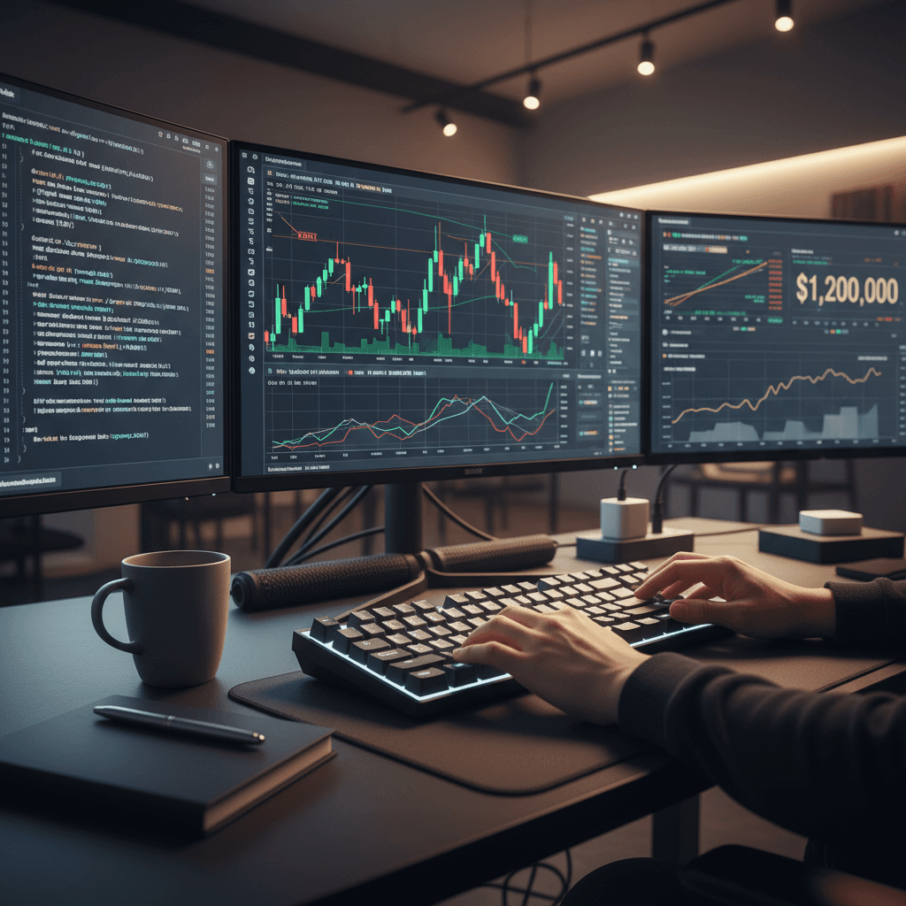 Developer building a crypto trading bot on computer