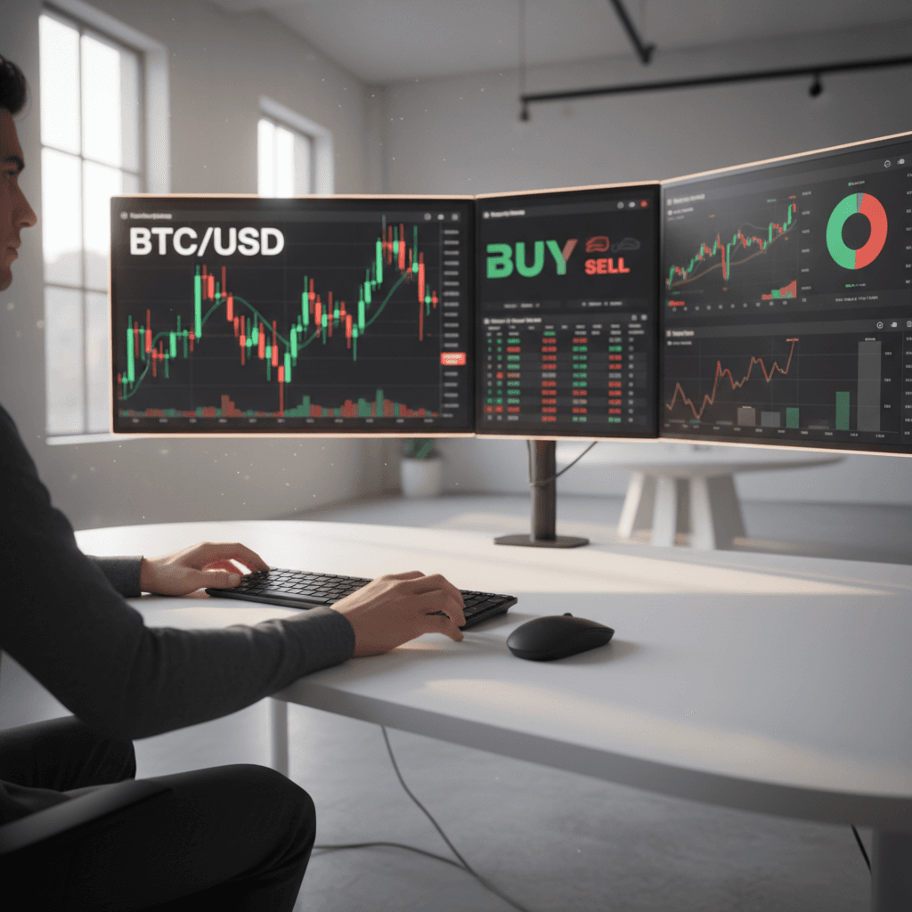 Developer building cryptocurrency trading bot on computer with code and market data displayed