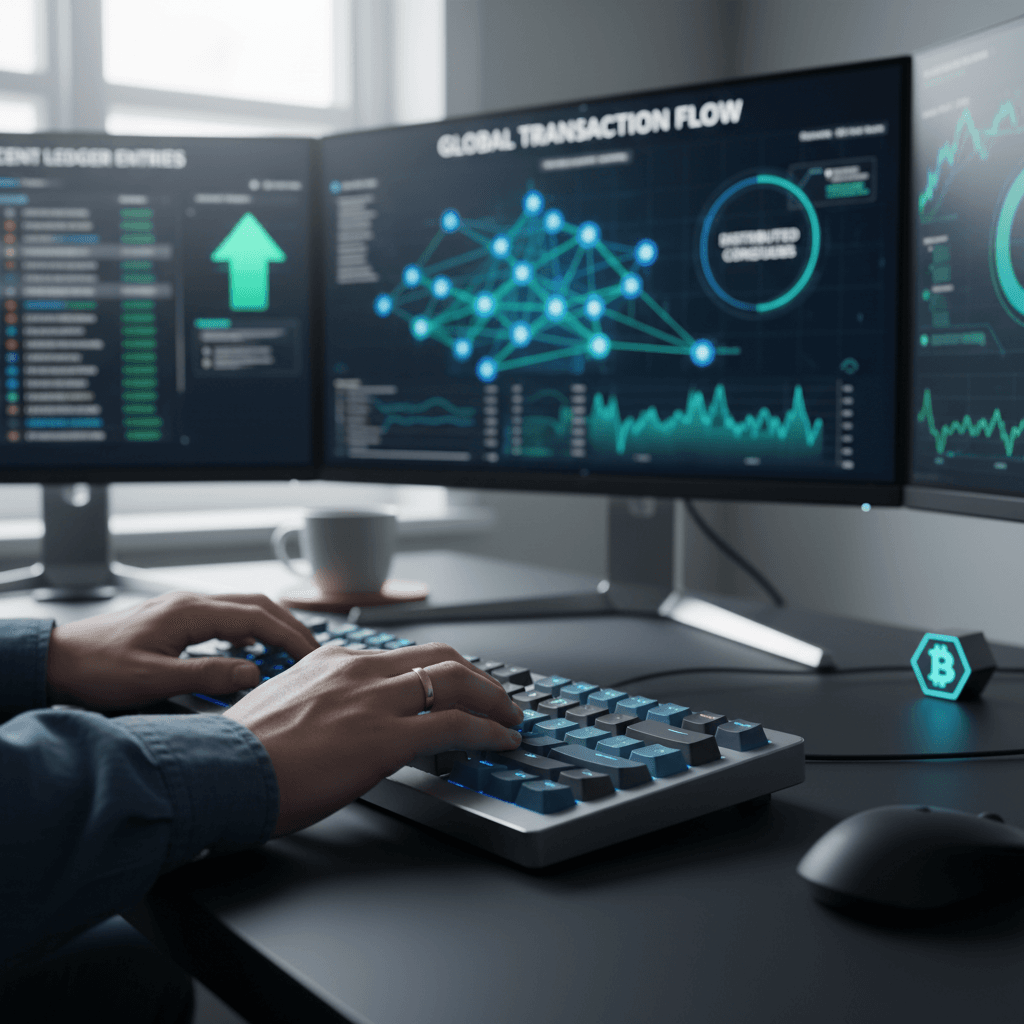 Hands working on crypto bot development and blockchain connection