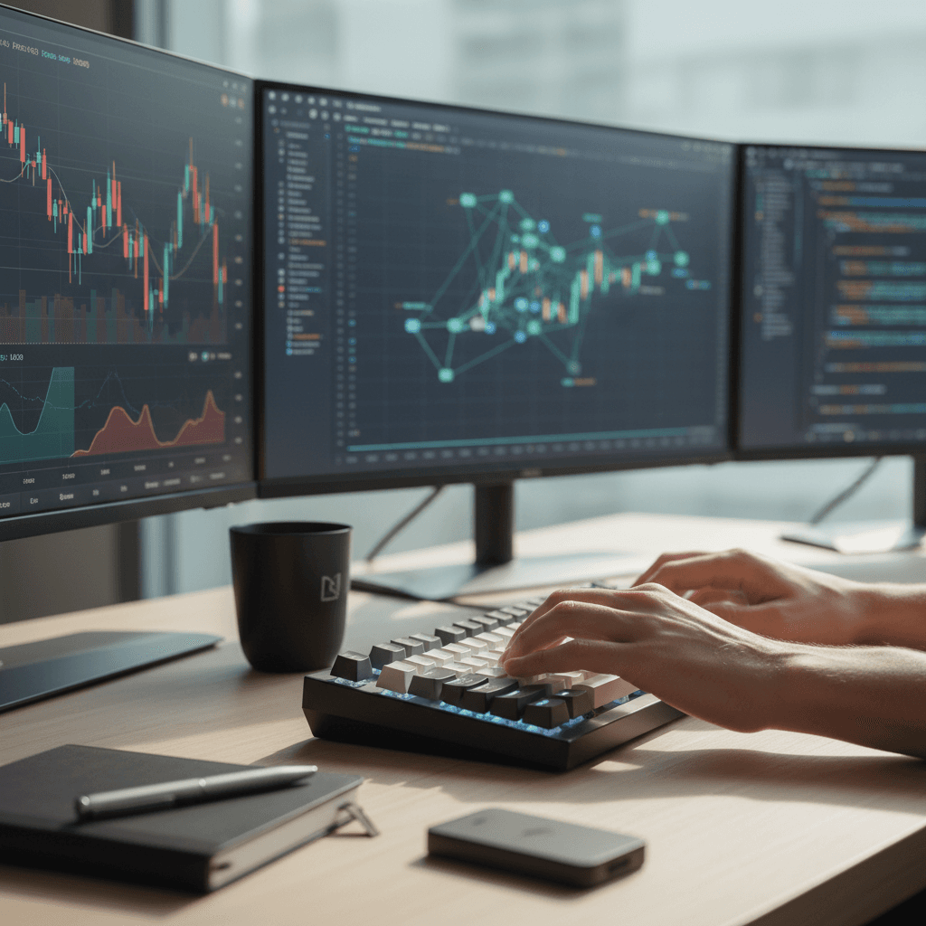 Developer working on cryptocurrency trading bot code at computer with multiple monitors