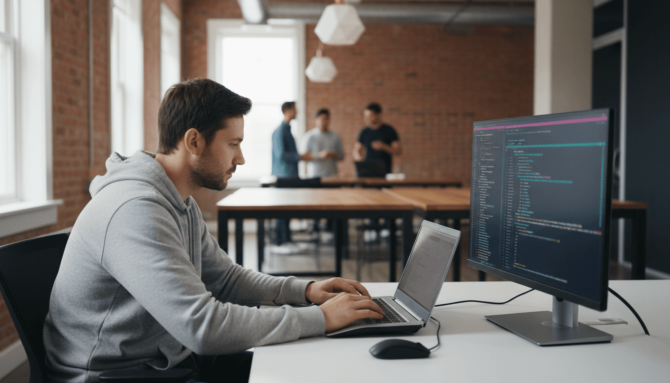 Developer coding on laptop with cryptocurrency trading bot interface displayed