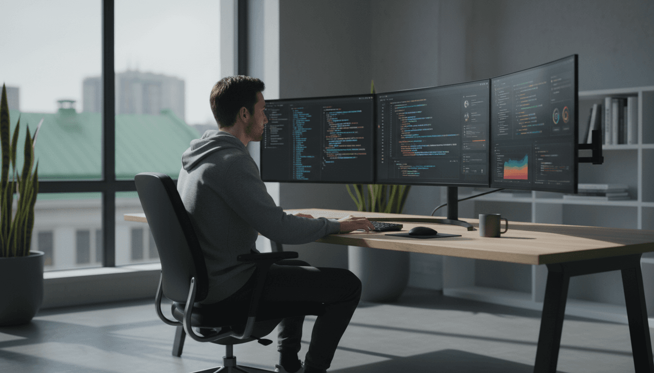 Developer building automation software with cryptocurrency trading data on screen